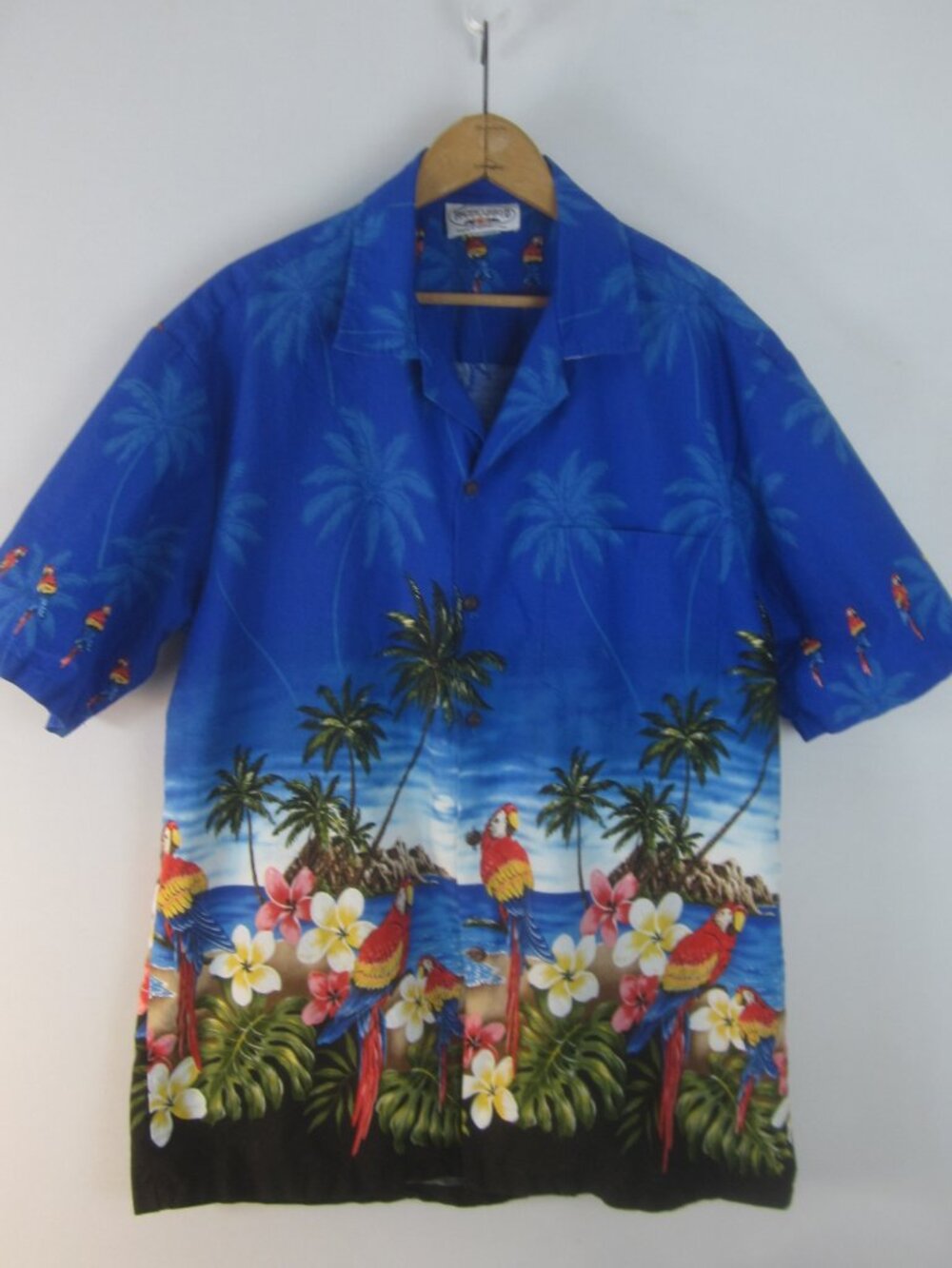 Vtg Pacific Legend Apparel Mens L Blue Cotton Floral Hawaiian Shirt Parrots